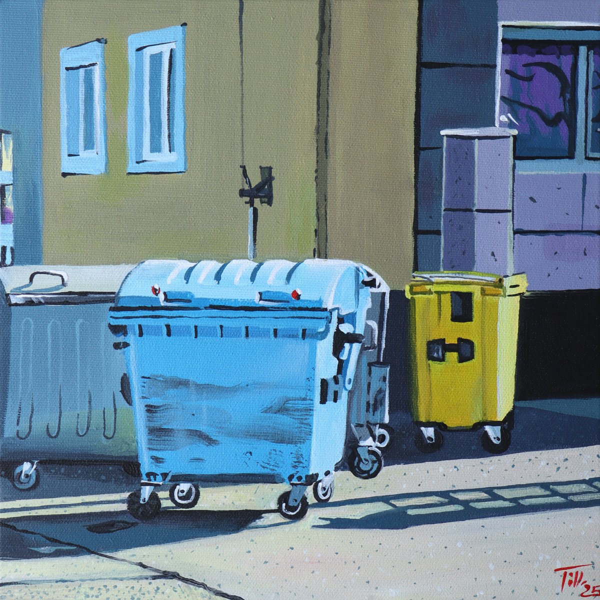 Photorealistic Cityscapes Acrylic Painting By Zoltan Till, 12 X 12", Trash Cans In The Yard, Original Artwork