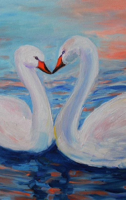 Oil painting Swans on Reykjavik Lake by Kate Grishakova