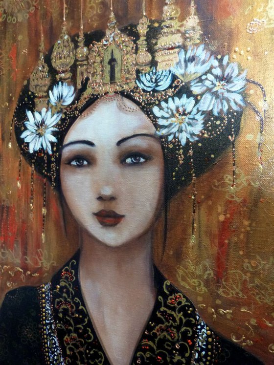 Offering ; woman Asian portrait acrylic on canvas 15.74x19.68 inches