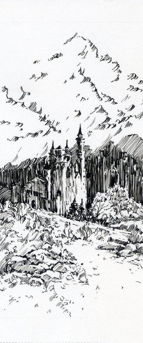 Castle in the mountains Black on white drawing by Yulia Evsyukova