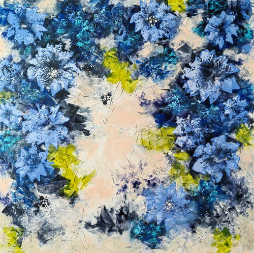 "Ultramarine Floral Harmony", XXL abstract flower painting by Vera Hoi