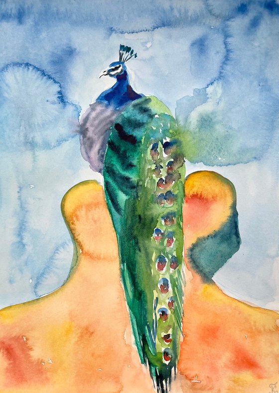 Peacock Watercolor Painting, Bird Original Artwork, Colorful Wall Art, Boho Home Decor