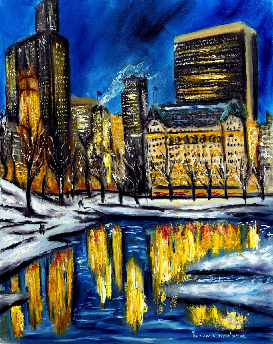 Impressionistic Cityscapes Oil Painting By Ruslana Levandovska, 24 X 30", New York City Central Park In Winter, Original Artwork