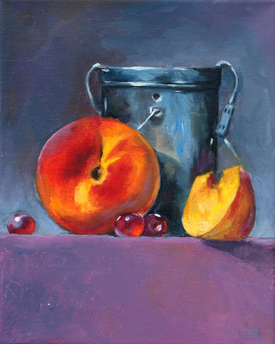 Still life with peach and cherry