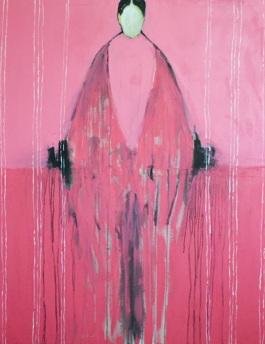 Abstract Portrait Painting By Gela Mikava, 39 X 55, Alienation In Pink, Original Artwork