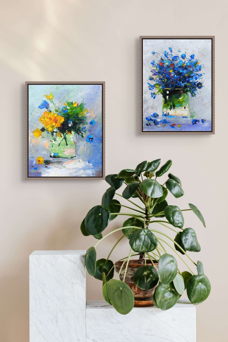 Impressionistic Botanical Oil Painting By Narek Qochunc, 12 X 8", Dialogue Of Flowers, Original Artwork