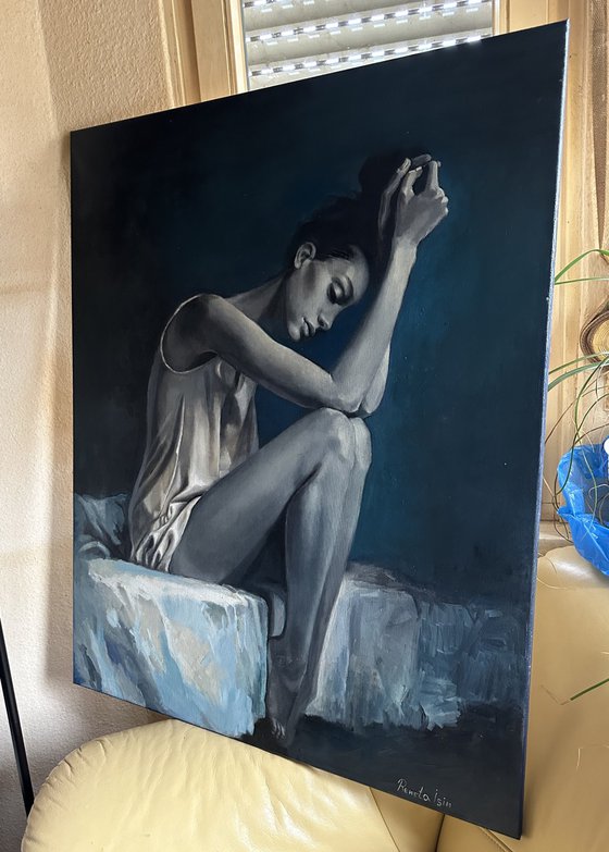 " Black and White Beauty " - 80 x 100cm Original Oil Painting Black and White to Dark Blue