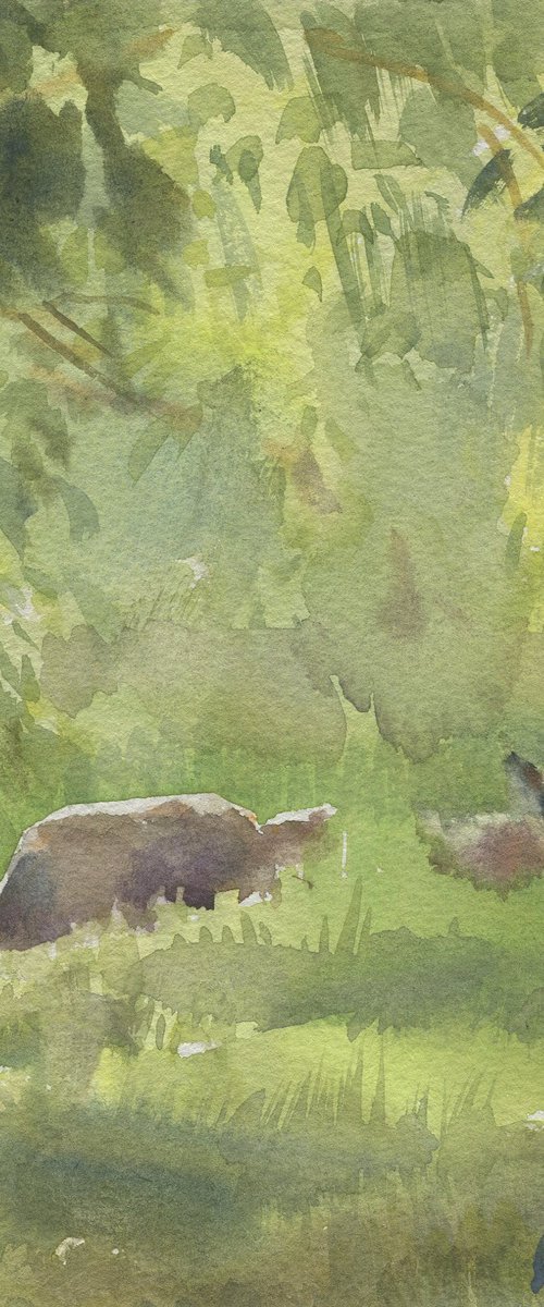 Goats among the greens. Summer sketch / ORIGINAL picture Small size watercolor Square format by Olha Malko