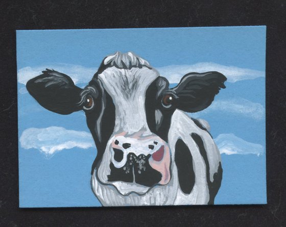 ACEO ATC Original Miniature Painting Black White Cow Farmyard Art-Carla Smale