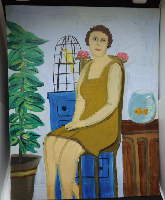 3 Legged Lady Portrait with Bird and Fish Oil Painting