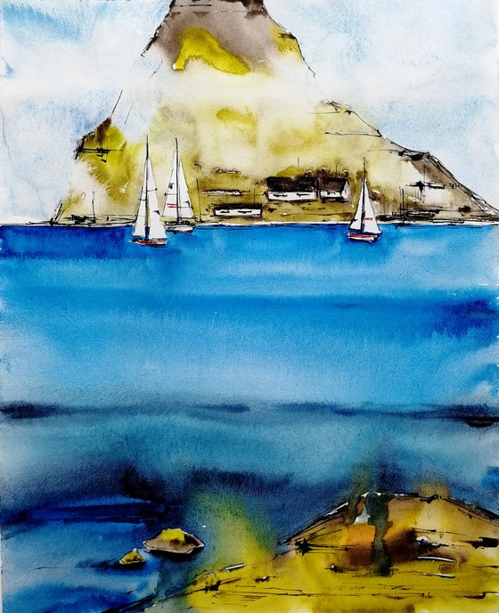 Sailboat painting. Mountain painting