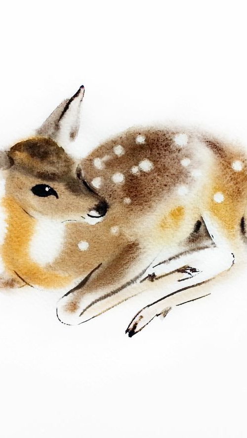 Fawn Lying Down - Baby Deer by Olga Beliaeva Watercolour