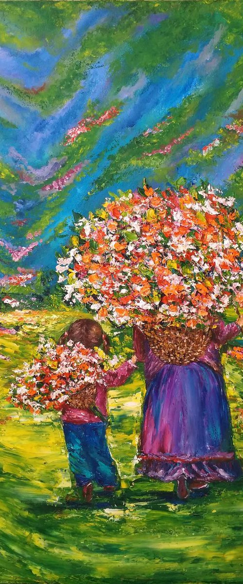 Girl with grandmother picks flowers in the mountains by Oksana Fedorova