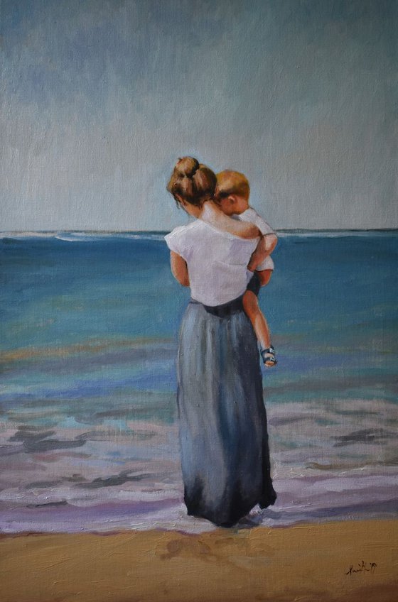 Motherhood-Impressionist beach figure oil painting. 50x70cm.