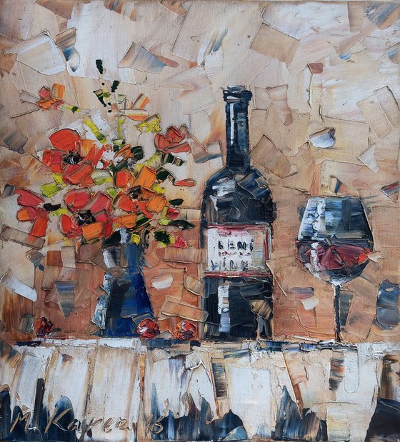 Still life  with wine bottle (35x40cm, oil painting, ready to hang)