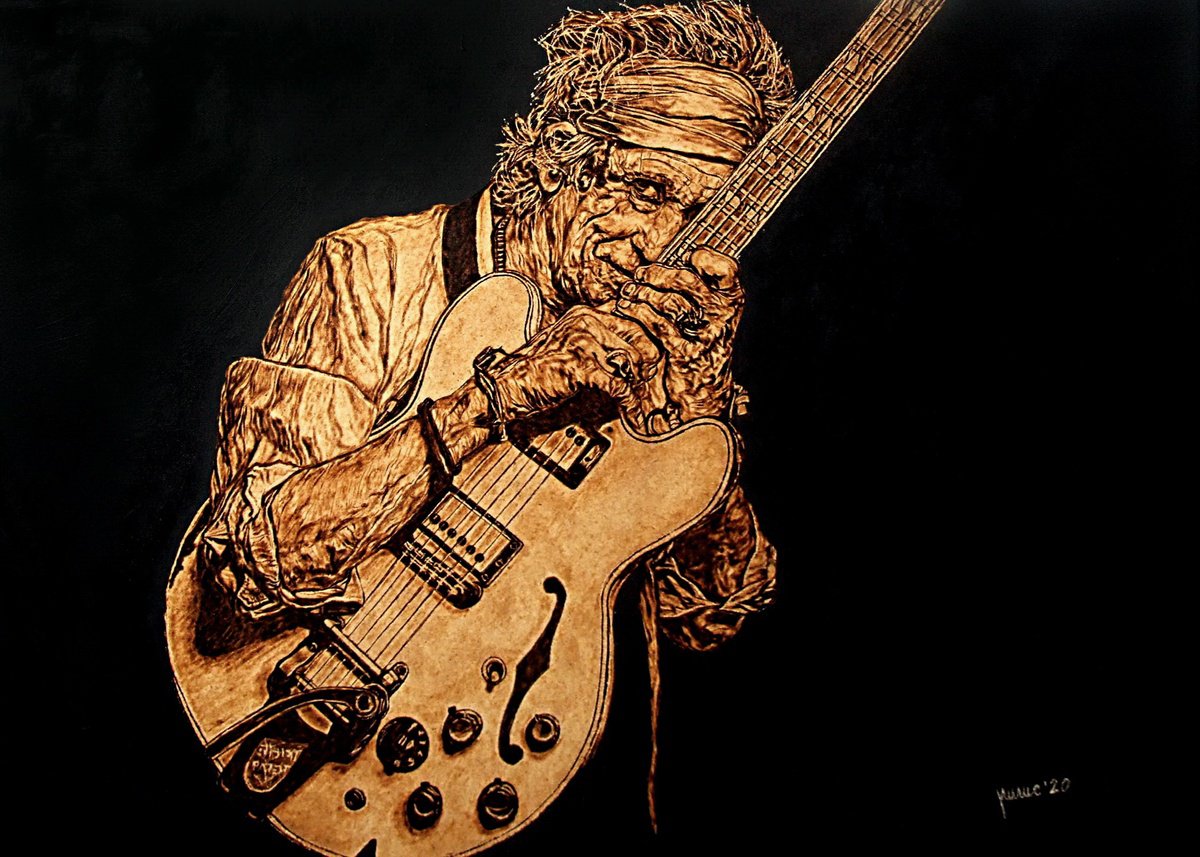 Expressive Portrait Painting By Milis Pyrography, 28 X 20", Keith (The Rolling Stones), Original Artwork