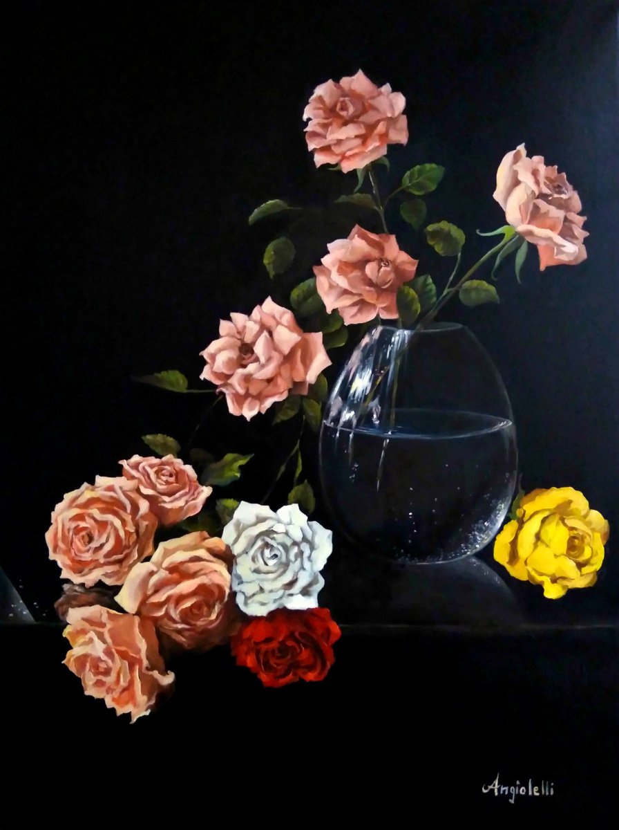 Photorealistic Botanical Oil Painting By Anna Rita Angiolelli, 18 X 24, Roses- Still Life, Original Artwork