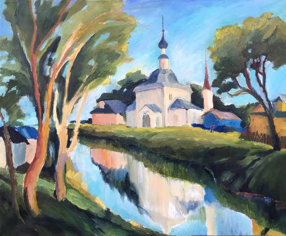 TEMPLE OVER WATER (Church Of The Epiphany) - expressive landscape oil painting with a church reflection in water Easter gift idea home decor