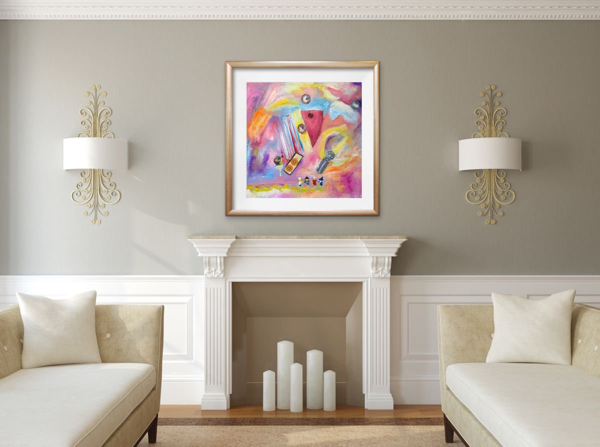 Surrealistic Abstract Oil Painting By Ryan Louder, 30 X 30", Pinballs Fish And Lego Men, Original Artwork