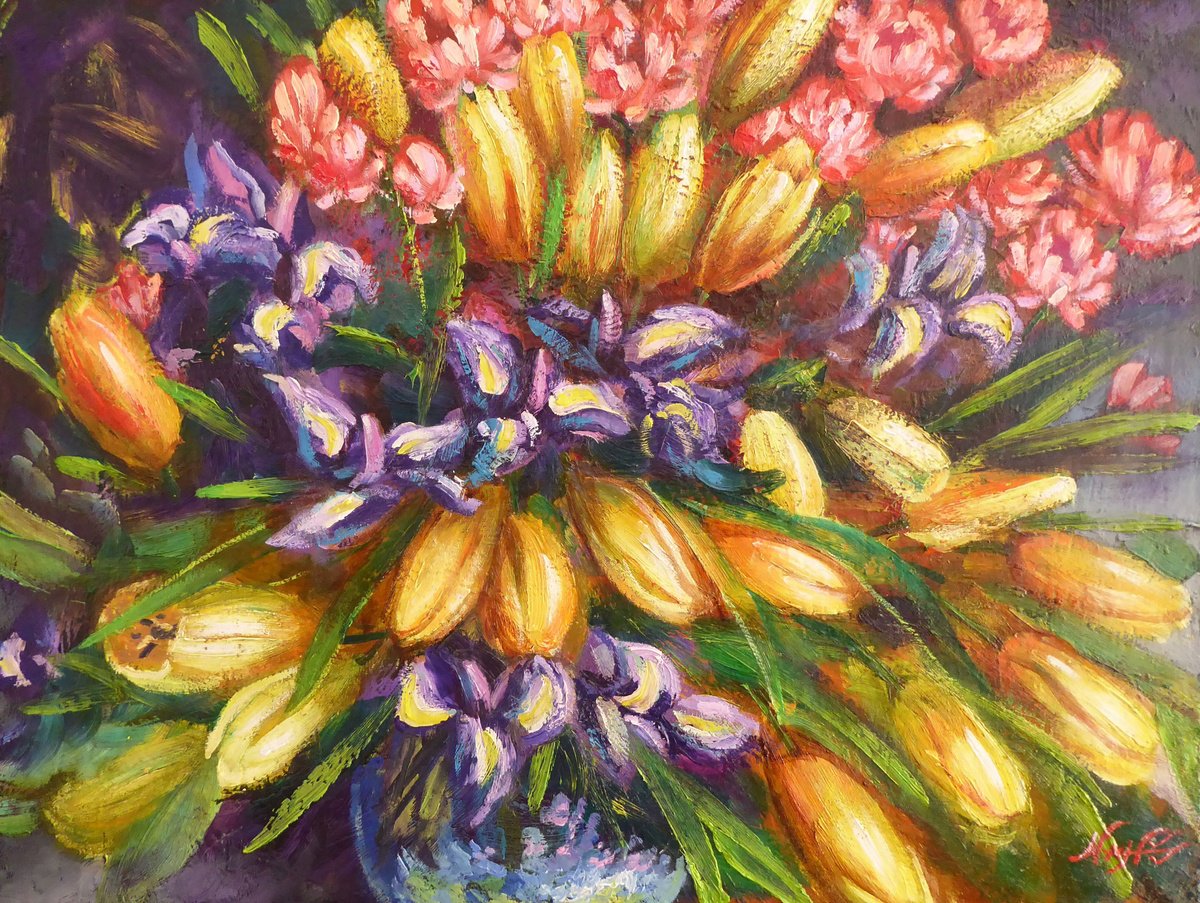 Impressionistic Still Life Oil Painting By Narek Hambardzumyan, 24 X 18", Flowers Forever, Original Artwork