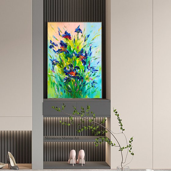 BLUE SALUTE - Irises. Majirel. Azure Irises. Bloom. Flower art. Decor irises. Blue petals. 3d flowers. Very Peri.