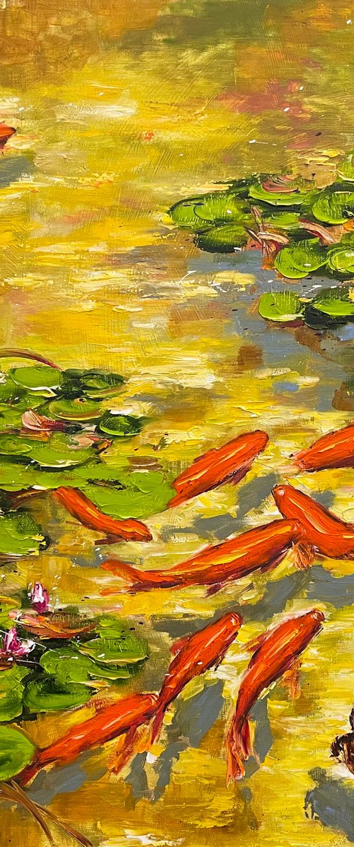 Koi Fish Pond with a Little Turtle by Diana Malivani