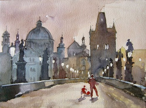 Walkers on the Charles bridge by Goran Žigolić Watercolors