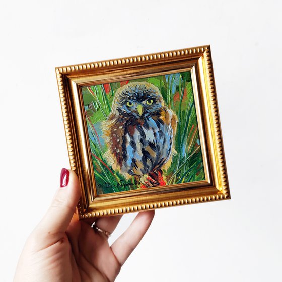 Owl bird oil painting original in frame, gift for a best friend