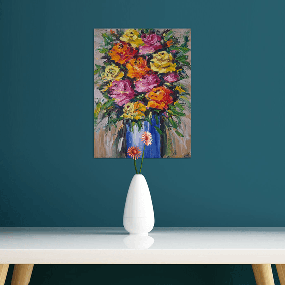 Roses in a blue vase