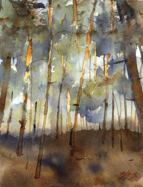Pine forest, small watercolor painting by Yulia Evsyukova
