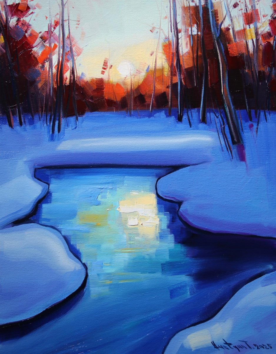 Expressive Landscape Oil Painting By Tigran Avetyan, 14 X 18", Winter Morning, Original Artwork