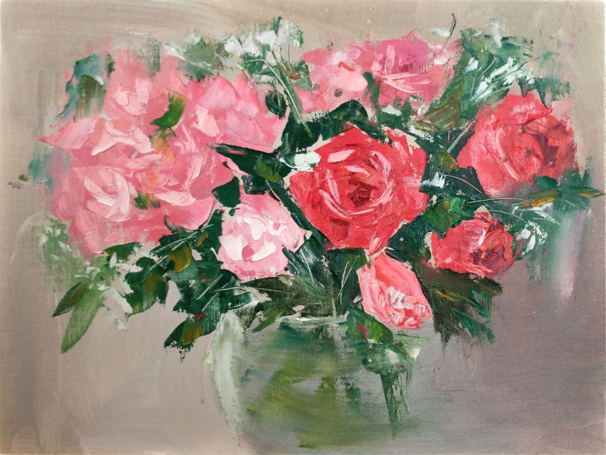 Roses. PAINTING CREATED WITH A PALETTE KNIFE / ORIGINAL PAINTING by Salana Art Gallery