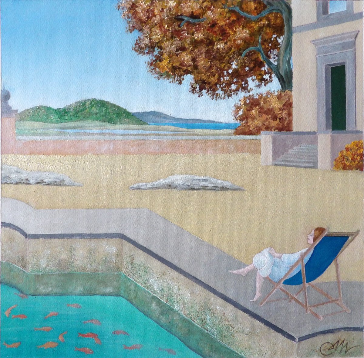 Surrealistic Landscape Oil Painting By Cecco Mariniello, 14 X 14, On The Edge Of The Basin, Original Artwork