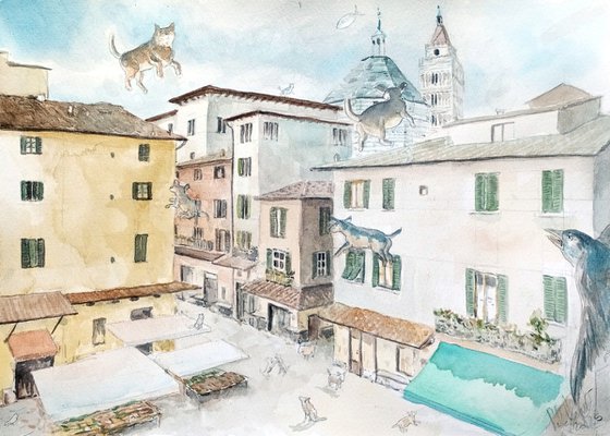 Square in Italy with animals