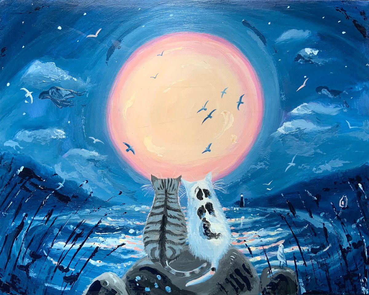 Under the moon of love -cat painting by Mary Stubberfield