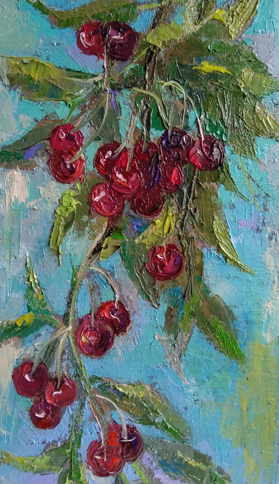Still life-cherry (17x34cm, oil painting, ready to hang)