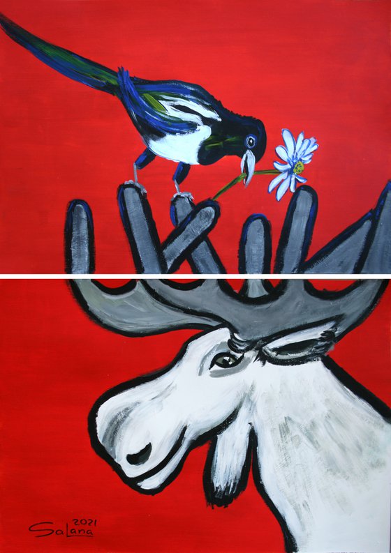 Elk and Magpie / Diptych /  ORIGINAL PAINTING