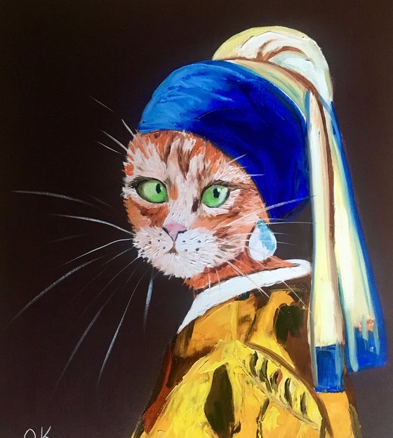 Cat with the pearl earring inspired by Vermeer painting feline art for cat lovers gift idea