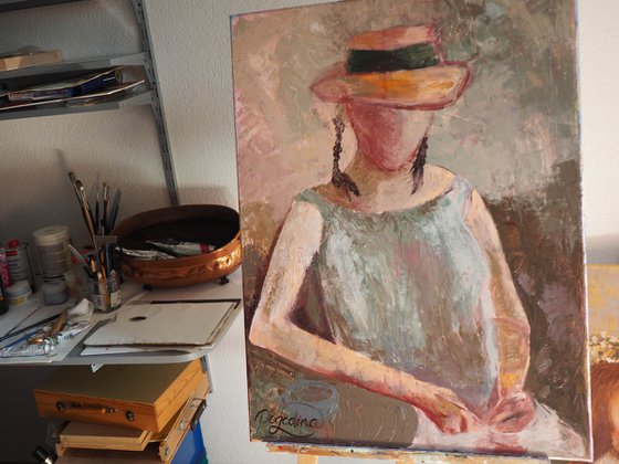 Cup of Coffee. Lover - Original Faceless Woman Portrait on Canvas