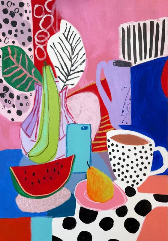 Colorful Still Life with Cups and Fruit