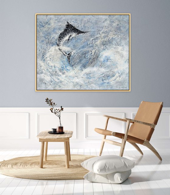 BLUE MARLIN JUMP. Large Abstract Fish Painting