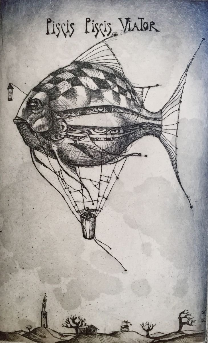 Illustrative Animal Etchings & Engravings By Marina Korenfeld, 4 X 6", Piscis-Viator, Original Artwork