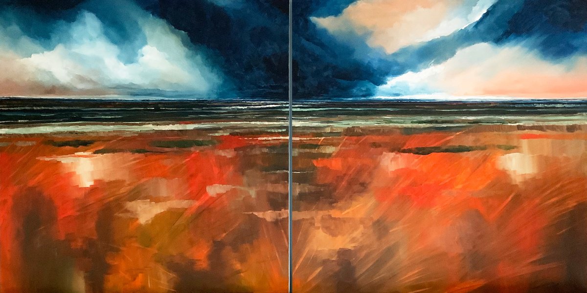 Impressionistic Landscape Acrylic Painting By Stuart Roy, 63 X 31", Seascape And Sky 1, Original Artwork