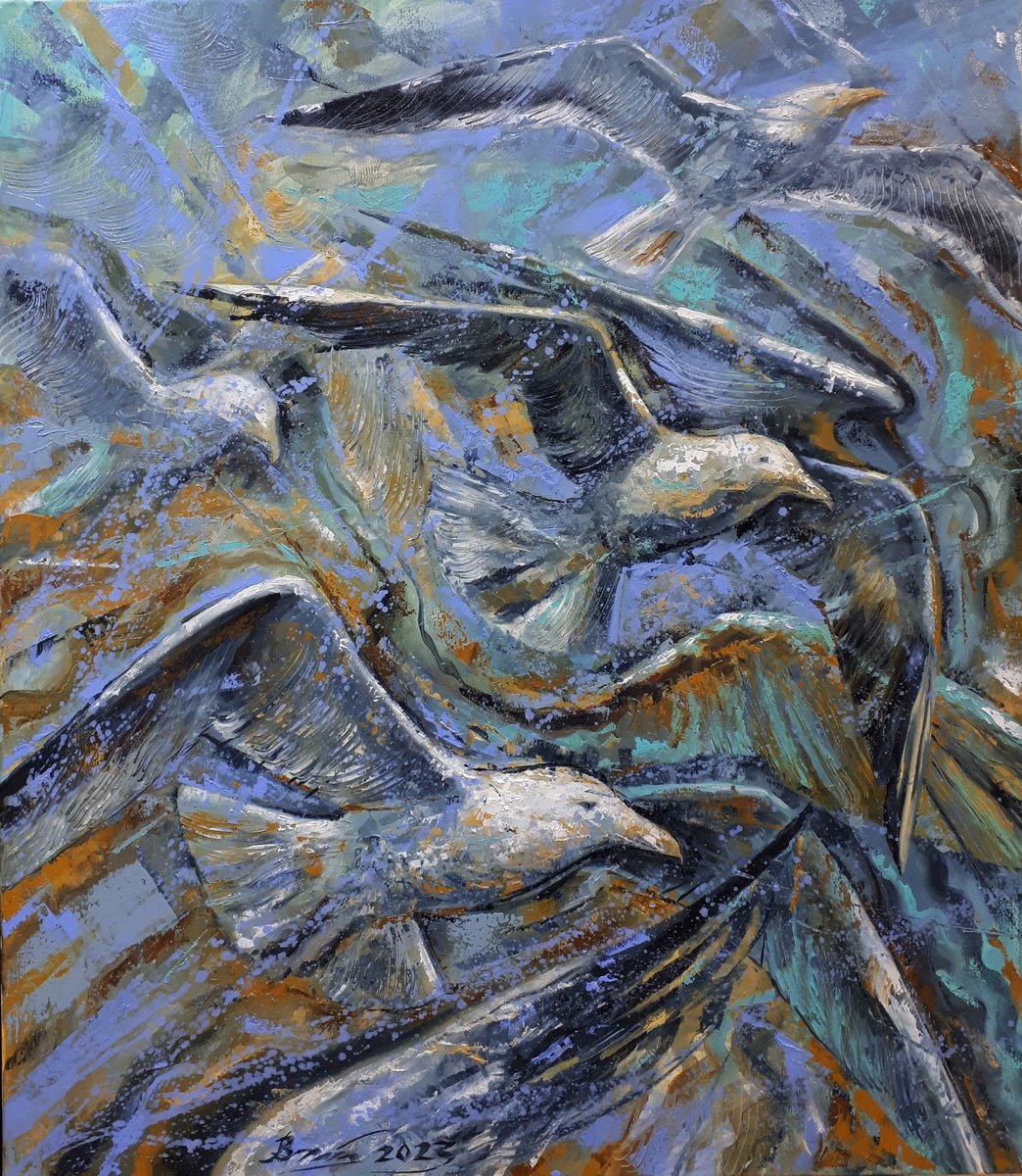 Expressive Animal Oil Painting By Serhii Voichenko, 28 X 32", Sea Birds, Original Artwork