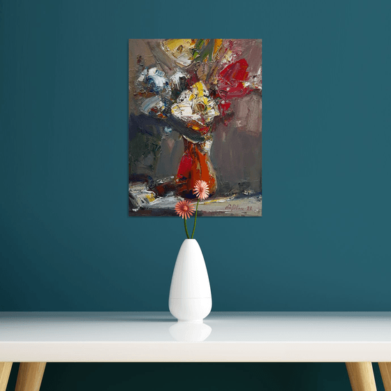 Flowers in vase (30x40cm, oil painting, palette knife)