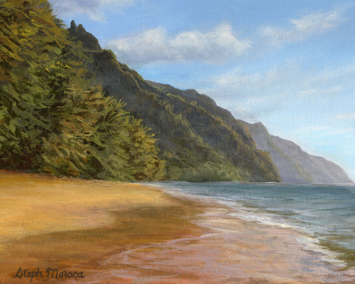 Photorealistic Landscape Acrylic Painting By Steph Moraca, 11 X 9", Na Pali Coastline, Original Artwork