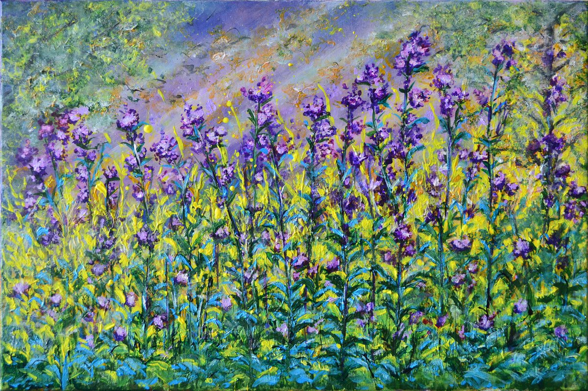 Impressionistic Botanical Acrylic Painting By Misty Lady - M. Nierobisz, 24 X 16", At The Edge Of The Forest, Original Artwork