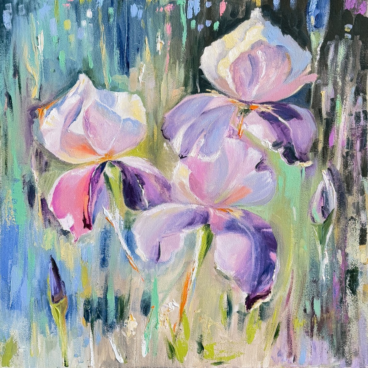 Expressive Botanical Oil Painting By Irina Ponna, 20 X 20, Purple Garden, Original Artwork