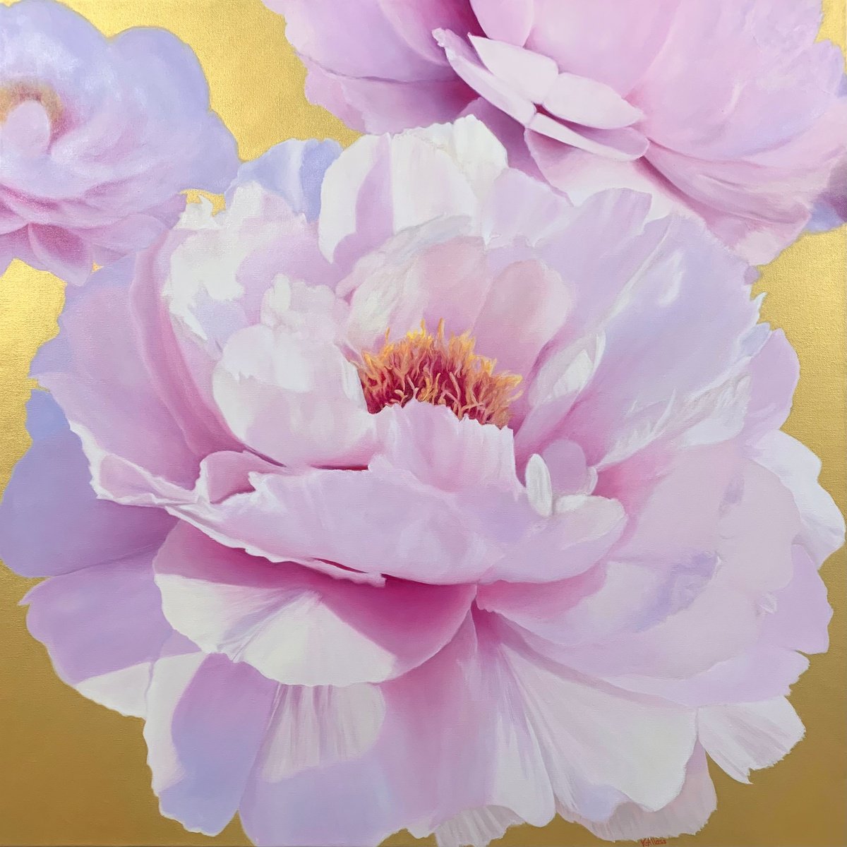Photorealistic Botanical Oil Painting By Alla Kallass, 36 X 36, Weightless. Realistic Peonies, Original Artwork
