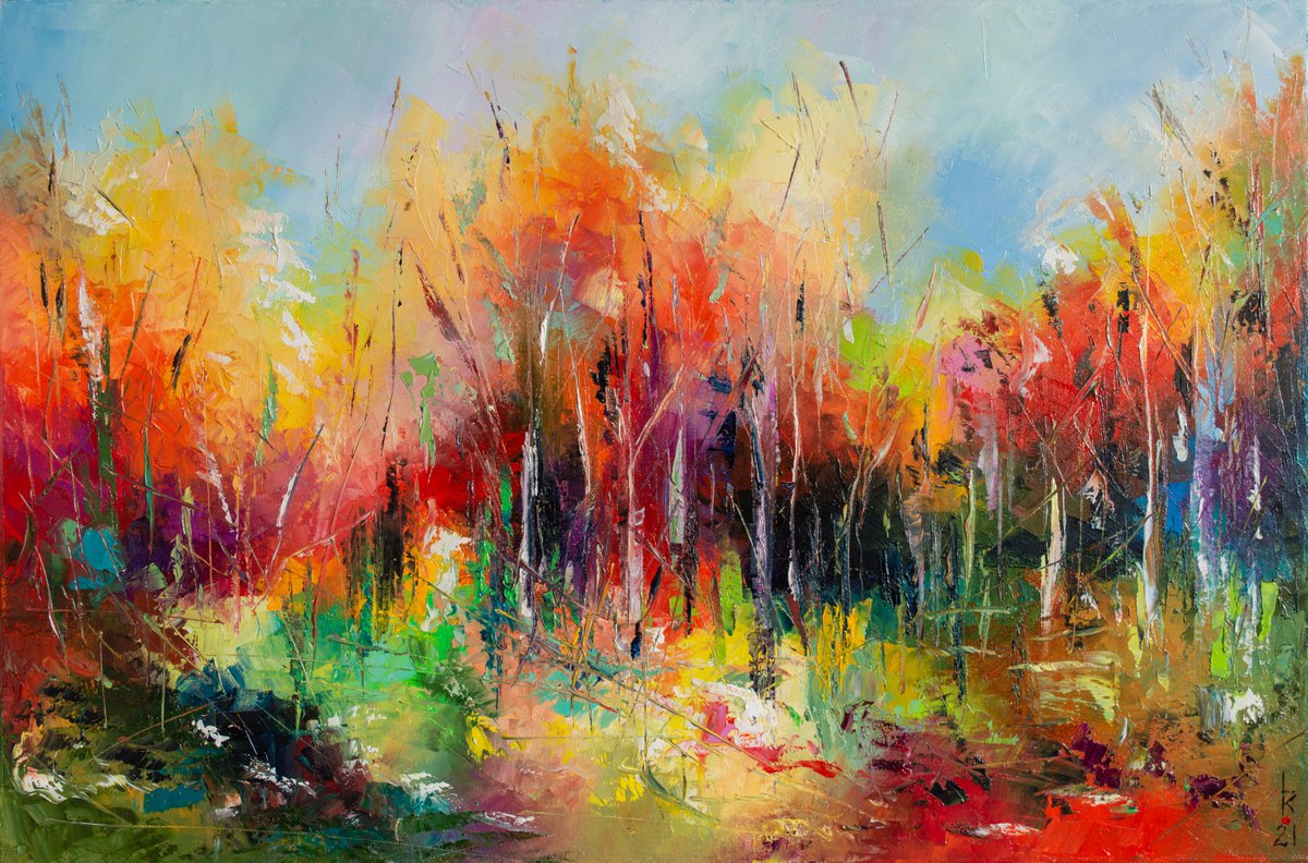 Impressionistic Landscape Oil Painting By Liubov Kuptsova, 24 X 16", Sunny Fall Forest, Original Artwork